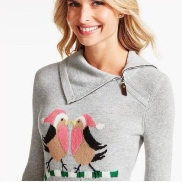 Talbots Season's Tweetings bird Zipper Cowl Christmas Lambswool Sweater - Picture 3 of 12